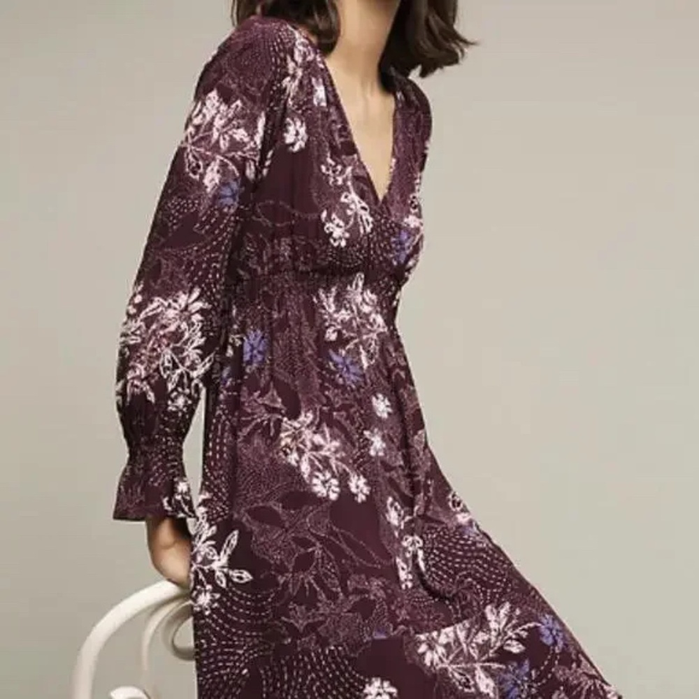 Anthropologie Maeve Merlot Floral Long Sleeve Monaco Dress Size XS - Picture 2 of 9